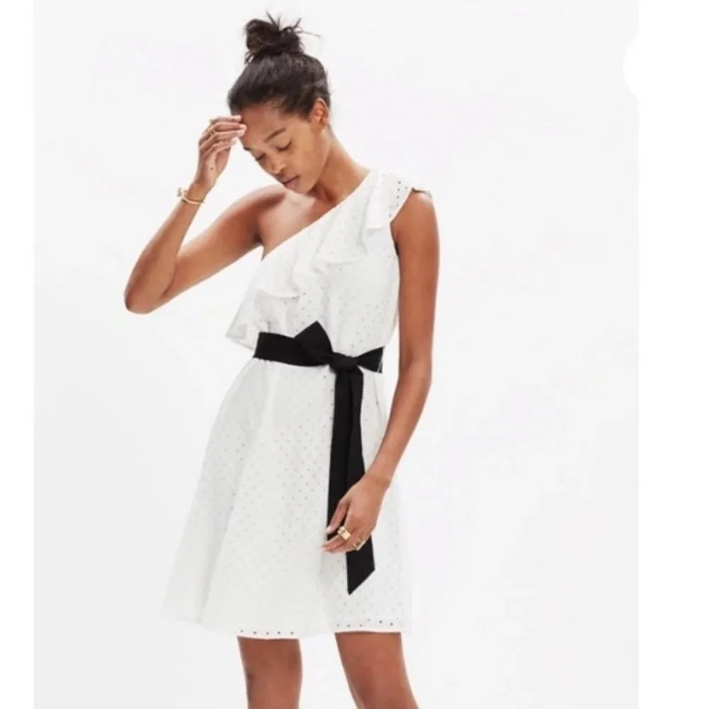 Madewell White Black Eyelet One Shoulder Montmartre Belted Mini Dress Size XS